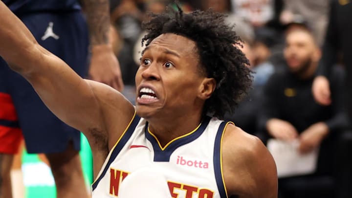 Jan 22, 2026; Washington, District of Columbia, USA; Denver Nuggets guard Peyton Watson (8) reacts to a call during the second half against the Washington Wizards at Capital One Arena. Mandatory Credit: Daniel Kucin Jr.-Imagn Images