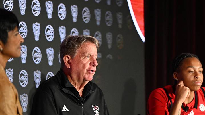 Oct 6, 2025; Charlotte, NC, USA; North Carolina State head coach Wes Moore answers questions from the media at The Hilton Charlotte Uptown. Mandatory Credit: William Howard-Imagn Images