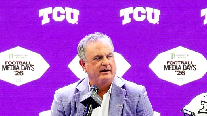 TCU head coach Sonny Dykes speaks to reporters during Big 12 Conference Football Media Days at The Star. 