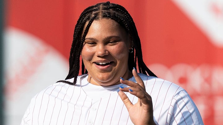 Iowa State basketball player Audi Crooks waves to the crowd before throwing a first pitch during an Iowa Cubs game at Principal Park on June 14, 2025, in Des Moines.