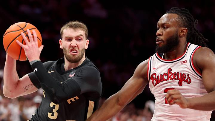 Mar 1, 2026; Columbus, Ohio, USA; Purdue Boilermakers guard Braden Smith (3) drives to the basket as Ohio State Buckeyes guard Bruce Thornton (2) defends during the first half at Value City Arena. Mandatory Credit: Joseph Maiorana-Imagn Images Mar 1, 2026; Columbus, Ohio, USA; Purdue Boilermakers guard Braden Smith (3) drives to the basket as Ohio State Buckeyes guard Bruce Thornton (2) defends during the first half at Value City Arena. Mandatory Credit: Joseph Maiorana-Imagn Images