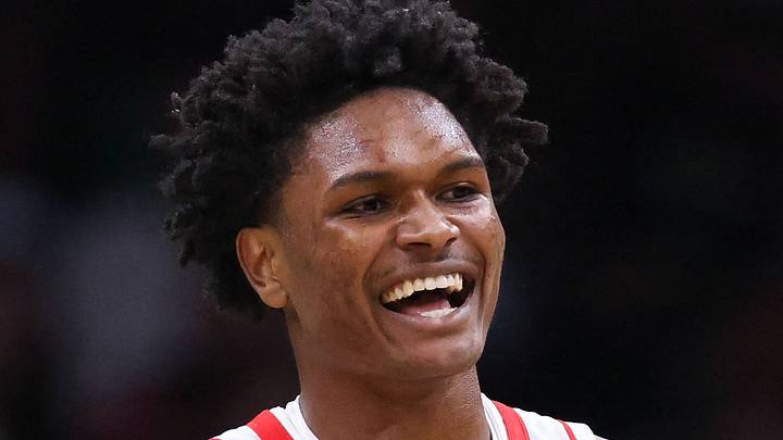 Houston Rockets forward Amen Thompson (1) reacts during the first half against the Boston Celtics at TD Garden on Nov 1, 2025. Houston Rockets forward Amen Thompson (1) reacts during the first half against the Boston Celtics at TD Garden on Nov 1, 2025.