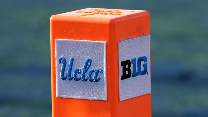 Sep 14, 2024; Pasadena, California, USA; A pylon with the Big Ten Conference and the UCLA Bruins logos at Rose Bowl. Mandatory Credit: Kirby Lee-Imagn Images