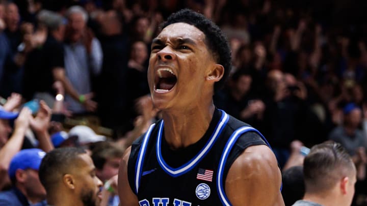 Duke Blue Devils guard Caleb Foster (1) reacts after a turnover against the Florida Gators during the second half at Cameron Indoor Stadium in Durham, NC on Tuesday, December 2, 2025. [Matt Pendleton/Gainesville Sun]