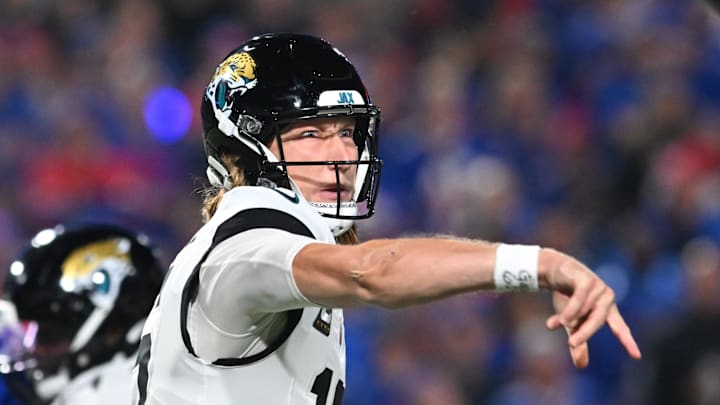 Sep 23, 2024; Orchard Park, New York, USA; Jacksonville Jaguars quarterback Trevor Lawrence (16) throws a pass in the first quarter against the Buffalo Bills at Highmark Stadium. Mandatory Credit: Mark Konezny-Imagn Images Sep 23, 2024; Orchard Park, New York, USA; Jacksonville Jaguars quarterback Trevor Lawrence (16) throws a pass in the first quarter against the Buffalo Bills at Highmark Stadium. Mandatory Credit: Mark Konezny-Imagn Images