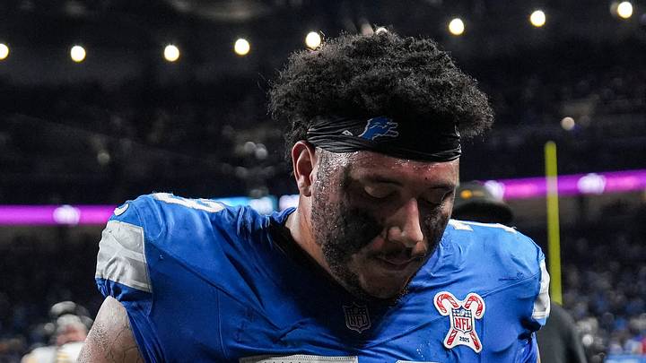 Detroit Lions guard Christian Mahogany (73) walks off the field after 29-24 loss to Pittsburgh Steelers at Ford Field in Detroit on Sunday, Dec. 21, 2025.