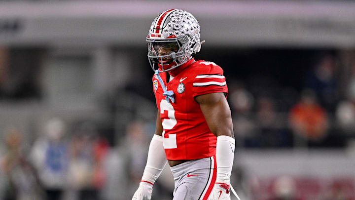 Dec 31, 2025; Arlington, TX, USA; Ohio State Buckeyes safety Caleb Downs (2) gets into position during the 2025 Cotton Bowl and quarterfinal game of the College Football Playoff at AT&T Stadium. Mandatory Credit: Jerome Miron-Imagn Images