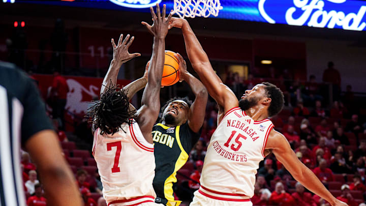 Oregon Ducks forward Dezdrick Lindsay shoots the ball against Nebraska Cornhuskers forward Justin Bolis and forward Jared Garcia during the second half at Pinnacle Bank Arena. 