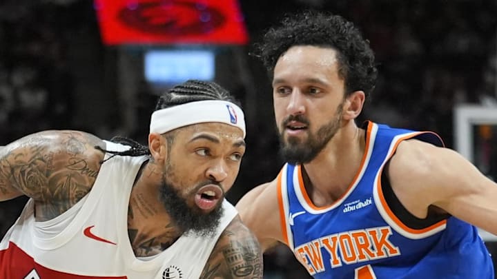 Toronto Raptors forward Brandon Ingram drives to the basket against New York Knicks guard Landry Shamet.