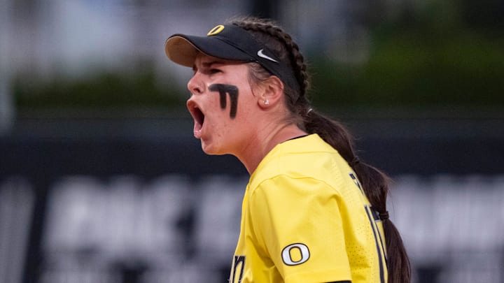 Oregon pitcher Taylour Spencer celebrates a strikeout as the Oregon Ducks host the Idaho State Bengals in an NCAA regional on May 15, 2026, at Jane Sanders Stadium in Eugene, Oregon. Oregon pitcher Taylour Spencer celebrates a strikeout as the Oregon Ducks host the Idaho State Bengals in an NCAA regional on May 15, 2026, at Jane Sanders Stadium in Eugene, Oregon.
