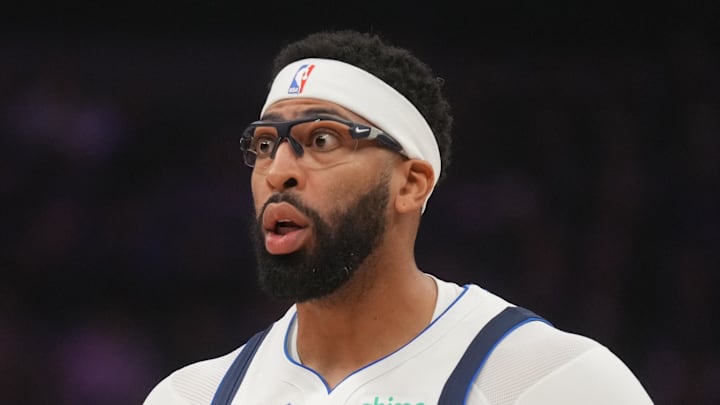 Dallas Mavericks forward Anthony Davis reacts after being fouled against the Sacramento Kings.