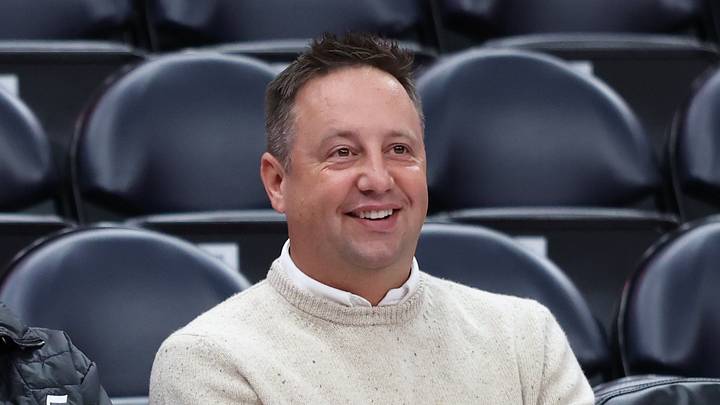 Jan 30, 2026; Salt Lake City, Utah, USA; Utah Jazz Owner Ryan Smith (left) and CEO of basketball operations Danny Ainge (middle) along with president of basketball operations Austin Ainge watch warm ups before a game against the Brooklyn Nets at Delta Center. Mandatory Credit: Rob Gray-Imagn Images