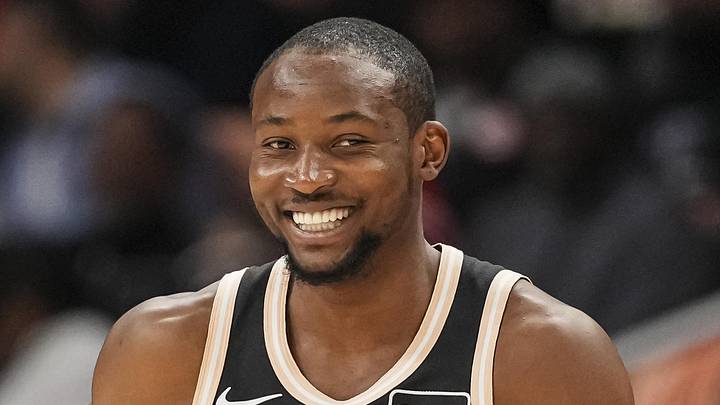 Atlanta Hawks forward Jonathan Kuminga (0) reacts after making a three point shot against the Washington Wizards during the first half at State Farm Arena on February 26, 2026.