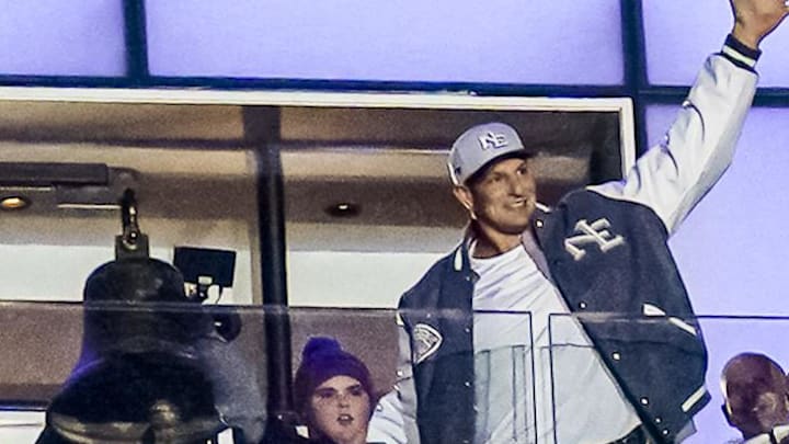 Nov 13, 2025; Foxborough, Massachusetts, USA; Former New England Patriots Rob Gronkowski waves to the crowd after ringing the bell before the start of the game against the New York Jets at Gillette Stadium. Mandatory Credit: David Butler II-Imagn Images
