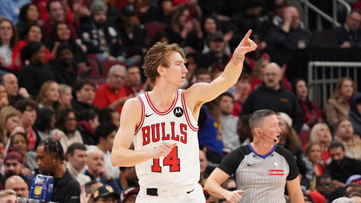 Feb 7, 2026; Chicago, Illinois, USA; Chicago Bulls forward Matas Buzelis (14) gestures after making a basket against the Denver Nuggets during the first half at United Center. Mandatory Credit: David Banks-Imagn Images Feb 7, 2026; Chicago, Illinois, USA; Chicago Bulls forward Matas Buzelis (14) gestures after making a basket against the Denver Nuggets during the first half at United Center. Mandatory Credit: David Banks-Imagn Images
