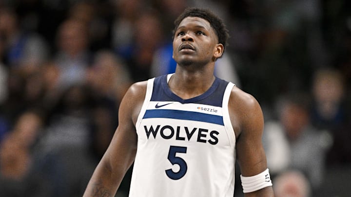 Mar 30, 2026; Dallas, Texas, USA; Minnesota Timberwolves guard Anthony Edwards (5) comes back on the court during the second quarter against the Dallas Mavericks at the American Airlines Center. Mandatory Credit: Jerome Miron-Imagn Images Mar 30, 2026; Dallas, Texas, USA; Minnesota Timberwolves guard Anthony Edwards (5) comes back on the court during the second quarter against the Dallas Mavericks at the American Airlines Center. Mandatory Credit: Jerome Miron-Imagn Images