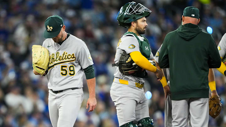 Mar 28, 2026; Toronto, Ontario, CAN; Athletics pitcher Jeffrey Springs (59) is taken out of the game during the sixth inning at a MLB game against the Toronto Blue Jays at Rogers Centre. Mandatory Credit: Kevin Sousa-Imagn Images Mar 28, 2026; Toronto, Ontario, CAN; Athletics pitcher Jeffrey Springs (59) is taken out of the game during the sixth inning at a MLB game against the Toronto Blue Jays at Rogers Centre. Mandatory Credit: Kevin Sousa-Imagn Images