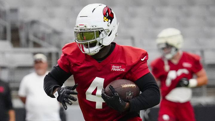 Cardinals running back Jeremiyah Love (4) sprints down the field during training camp at State Farm Stadium in Glendale on July 23, 2026. Cardinals running back Jeremiyah Love (4) sprints down the field during training camp at State Farm Stadium in Glendale on July 23, 2026.