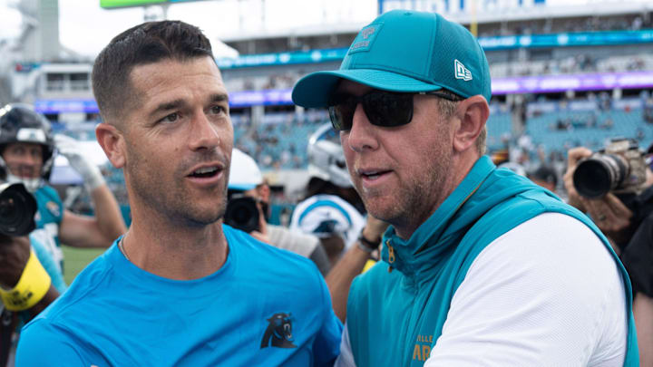 Carolina Panthers head coach Dave Canales and Jacksonville Jaguars head coach Liam Coen 