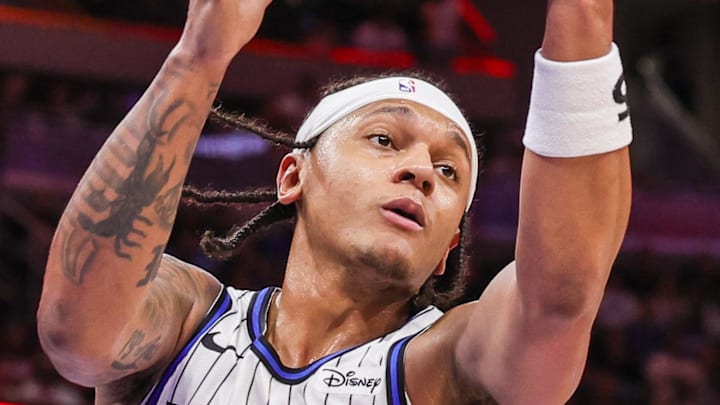 Orlando Magic forward Paolo Banchero grabs the rebound during the second half against the Cleveland Cavaliers.