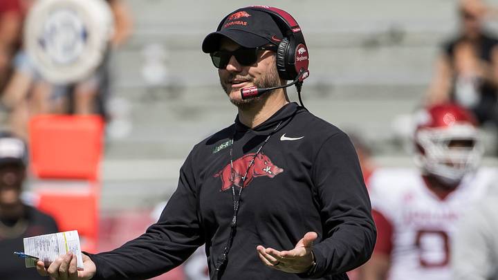 Arkansas Razorbacks head coach Ryan Silverfield looks over to the sidelines during the spring game at Donald W. Reynolds Razorback Stadium. Arkansas Razorbacks head coach Ryan Silverfield looks over to the sidelines during the spring game at Donald W. Reynolds Razorback Stadium.