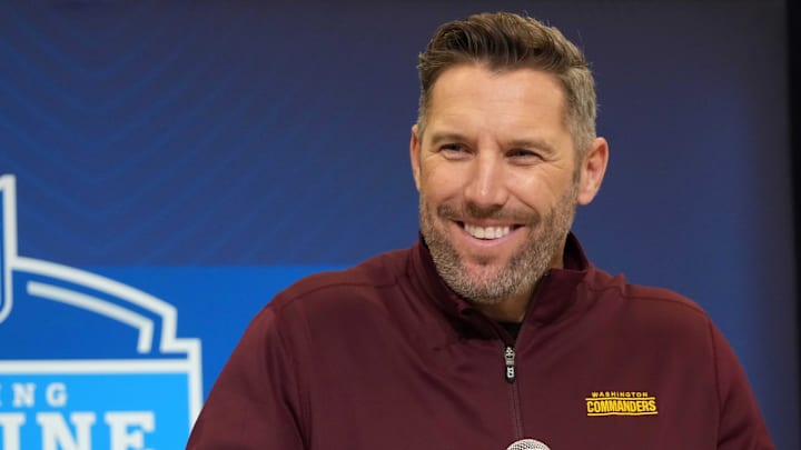 Feb 25, 2025; Indianapolis, IN, USA; Washington Commanders general manager Adam Peters speaks during the NFL Scouting Combine at the Indiana Convention Center. Mandatory Credit: Kirby Lee-Imagn Images