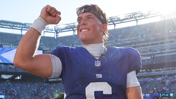 Sep 28, 2025; East Rutherford, New Jersey, USA; New York Giants quarterback Jaxson Dart (6) celebrates after the game against the Los Angeles Chargers at MetLife Stadium.  