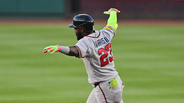 Apr 22, 2026; Washington, District of Columbia, USA;  Atlanta Braves outfielder Michael Harris II (23) celebrates as he rounds the bases after hitting a two-run home run in the second inning against the Washington Nationals at Nationals Park. Mandatory Credit: Jamie Sabau-Imagn Images