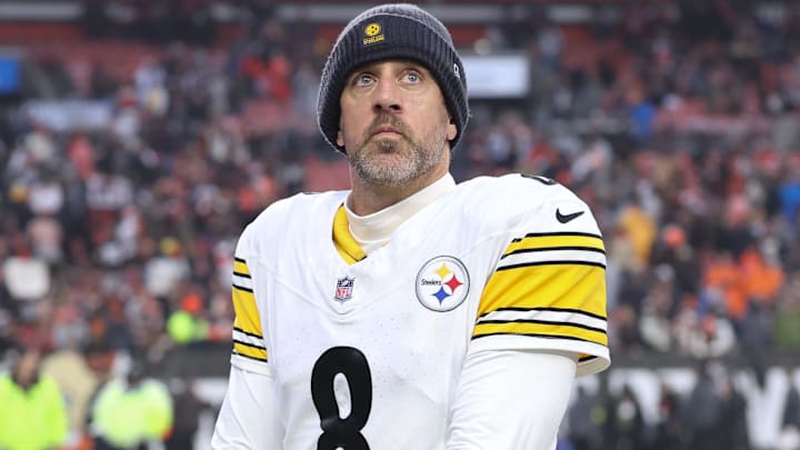 Dec 28, 2025; Cleveland, Ohio, USA; Pittsburgh Steelers quarterback Aaron Rodgers (8) looks on after the game against the Cleveland Browns at Huntington Bank Field. Mandatory Credit: Scott Galvin-Imagn Images
