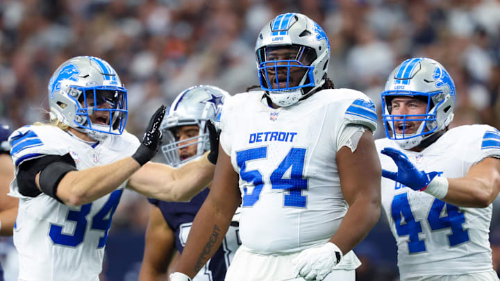 Detroit Lions defensive tackle Alim McNeill (54) reacts  during the second quarter against the Dallas Cowboys 