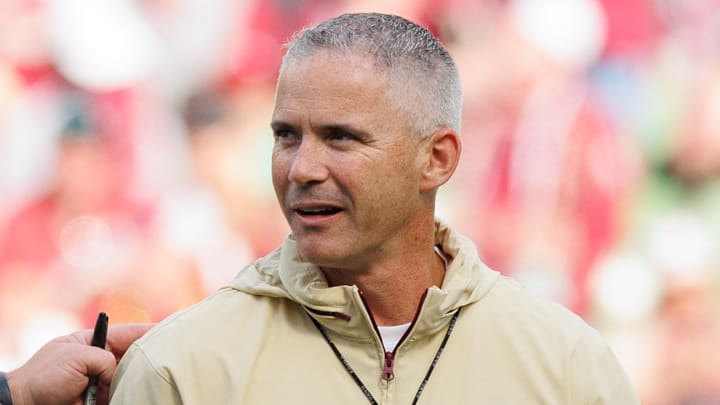 Aug 24, 2024; Dublin, IRL; Georgia Tech head coach Brent Key and Florida State University head coach Mike Norvell before the game at Aviva Stadium. Mandatory Credit: Tom Maher/INPHO via Imagn Images