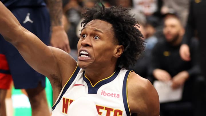 Jan 22, 2026; Washington, District of Columbia, USA; Denver Nuggets guard Peyton Watson (8) reacts to a call during the second half against the Washington Wizards at Capital One Arena. Mandatory Credit: Daniel Kucin Jr.-Imagn Images