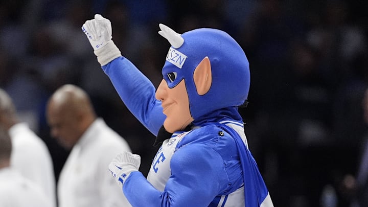 Mar 13, 2025; Charlotte, NC, USA; Duke Blue Devils mascot performs  during the second half against the Georgia Tech Yellow Jackets at Spectrum Center. Mandatory Credit: Jim Dedmon-Imagn Images