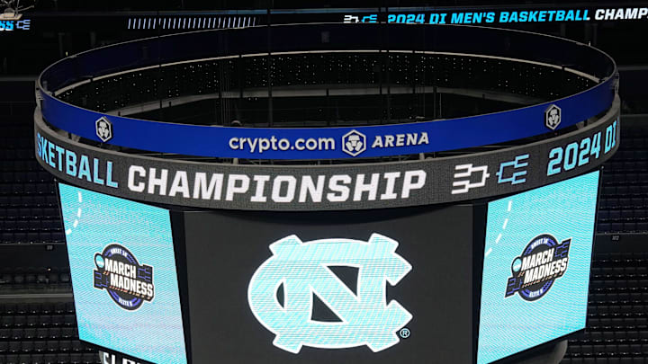 Mar 27, 2024; Los Angeles, CA, USA; The North Carolina Tar Heels logo on the video board during practice prior to NCAA Tournament at West Regional at Crypto.com Arena. Mandatory Credit: Kirby Lee-Imagn Images