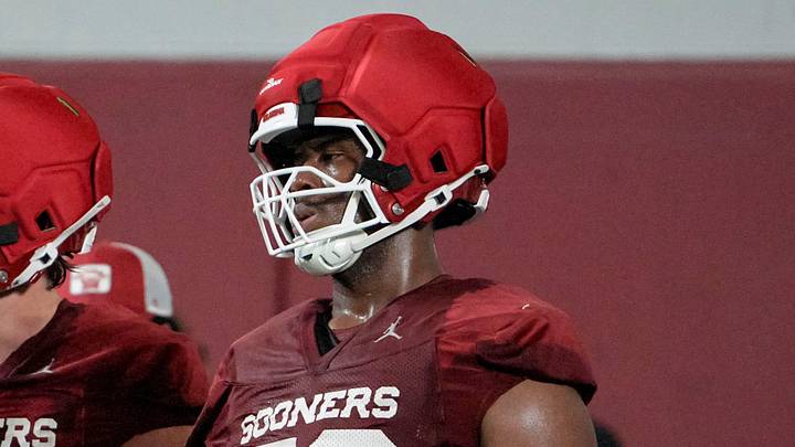 E'Marion Harris (76) runs drills during an Oklahoma (OU) football practice in Norman, Okla., on Wednesday, March 25, 2026.