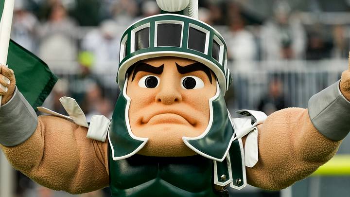 Nov 15, 2025; East Lansing, Michigan, USA; Michigan State mascot Sparty runs out onto the field before a game against Penn State at Spartan Stadium. Mandatory Credit: Brendan Mullin-Imagn Images