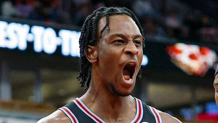 Apr 5, 2026; Chicago, Illinois, USA; Chicago Bulls forward Leonard Miller (11) reacts during the first half at United Center. Mandatory Credit: Kamil Krzaczynski-Imagn Images