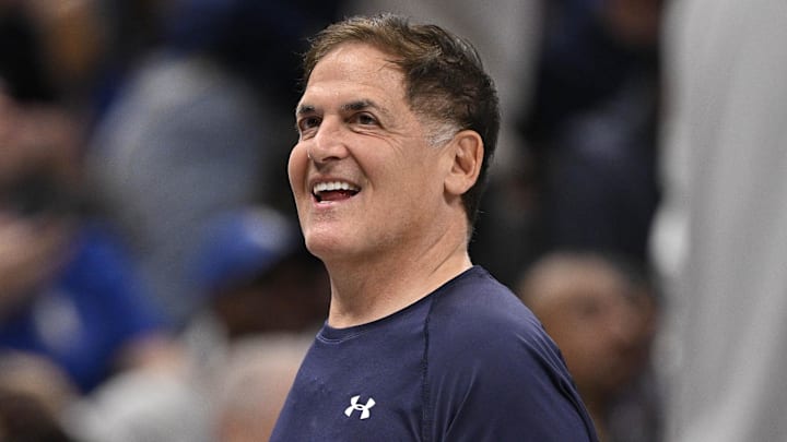 Apr 11, 2025; Dallas, Texas, USA; Dallas Mavericks minority owner Mark Cuban looks on during the second half against the Toronto Raptors at the American Airlines Center. Mandatory Credit: Jerome Miron-Imagn Images