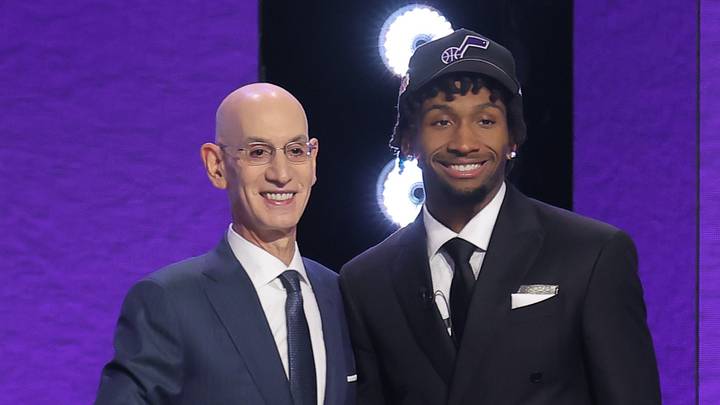 Jun 23, 2026; New York, NY, USA; NBA commissioner Adam Silver greets the second pick in the 2026 NBA draft, Kansas guard Darryn Peterson after he was selected by the Utah Jazz at Barclays Center. Mandatory Credit: Brad Penner-Imagn Images Jun 23, 2026; New York, NY, USA; NBA commissioner Adam Silver greets the second pick in the 2026 NBA draft, Kansas guard Darryn Peterson after he was selected by the Utah Jazz at Barclays Center. Mandatory Credit: Brad Penner-Imagn Images