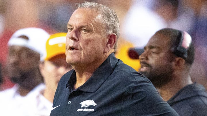 Arkansas Razorbacks coach Sam Pittman on the sidelines against the Tennessee Volunteers at Razorback Stadium in Fayetteville, Ark.
