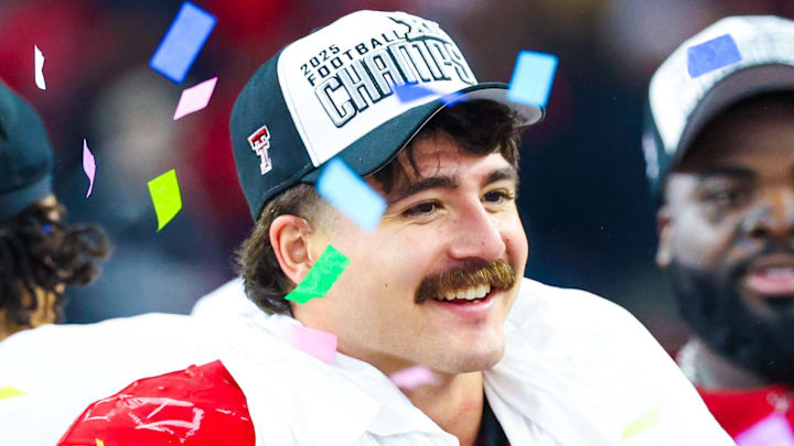 Dec 6, 2025; Arlington, TX, USA; Texas Tech Red Raiders linebacker Jacob Rodriguez (10) celebrates after the game against the BYU Cougars at AT&T Stadium. Mandatory Credit: Kevin Jairaj-Imagn Images