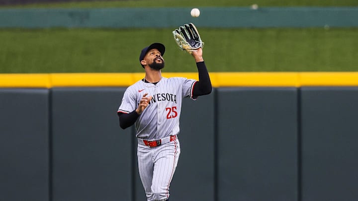 Jun 17, 2025; Cincinnati, Ohio, USA; Minnesota Twins outfielder Byron Buxton (25) catches a fly out hit by Cincinnati Reds outfielder TJ Friedl (not pictured) in the third inning at Great American Ball Park. 
