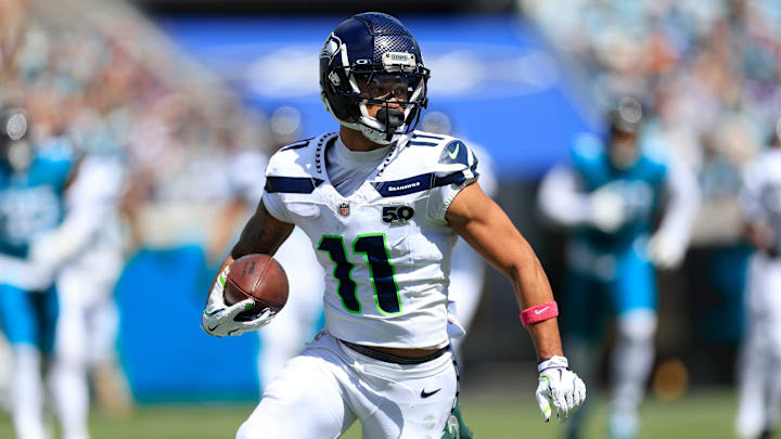Seattle Seahawks wide receiver Jaxon Smith-Njigba (11) rushes for yards during the second quarter of an NFL football matchup, Sunday, Oct. 12, 2025, at EverBank Stadium in Jacksonville, Fla. The Seahawks defeated the Jaguars 20-12. Seattle Seahawks wide receiver Jaxon Smith-Njigba (11) rushes for yards during the second quarter of an NFL football matchup, Sunday, Oct. 12, 2025, at EverBank Stadium in Jacksonville, Fla. The Seahawks defeated the Jaguars 20-12.