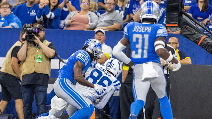 Indianapolis Colts wideout Samson Nacua (86) secures reception with Detroit Lions safety (31) Kerby Joseph in coverage Indianapolis Colts wideout Samson Nacua (86) secures reception with Detroit Lions safety (31) Kerby Joseph in coverage