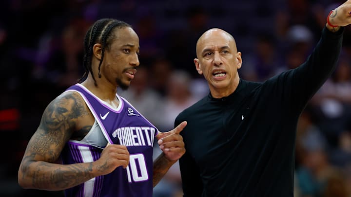 Mar 19, 2026; Sacramento, California, USA; Sacramento Kings guard DeMar DeRozan (10) is instructed by head coach Doug Christie during the fourth quarter against the Philadelphia 76ers at Golden 1 Center. Mar 19, 2026; Sacramento, California, USA; Sacramento Kings guard DeMar DeRozan (10) is instructed by head coach Doug Christie during the fourth quarter against the Philadelphia 76ers at Golden 1 Center.