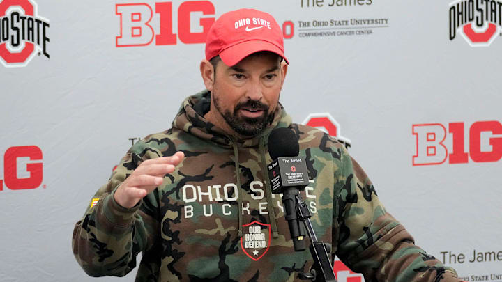 Ohio State head coach Ryan Day speaks to the meeting during a press conference before the start of spring football at the Woody Hayes Athletic Center on March 7, 2025.