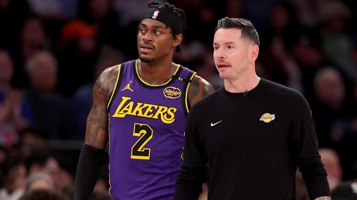 Los Angeles Lakers head coach J.J. Reddick talks to forward Jarred Vanderbilt (2) during the third quarter against the New York Knicks at Madison Square Garden.