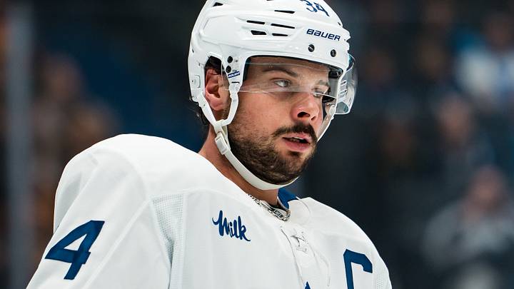 Jan 31, 2026; Vancouver, British Columbia, CAN; Toronto Maple Leafs forward Auston Matthews (34) during a stop in play against the Vancouver Canucks in the second period at Rogers Arena. Mandatory Credit: Bob Frid-Imagn Images