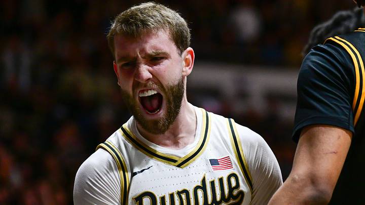 Jan 14, 2026; West Lafayette, Indiana, USA; Purdue Boilermakers guard Braden Smith (3) reacts to scoring during a foul during the second half against the Iowa Hawkeyes at Mackey Arena. Mandatory Credit: Marc Lebryk-Imagn Images
