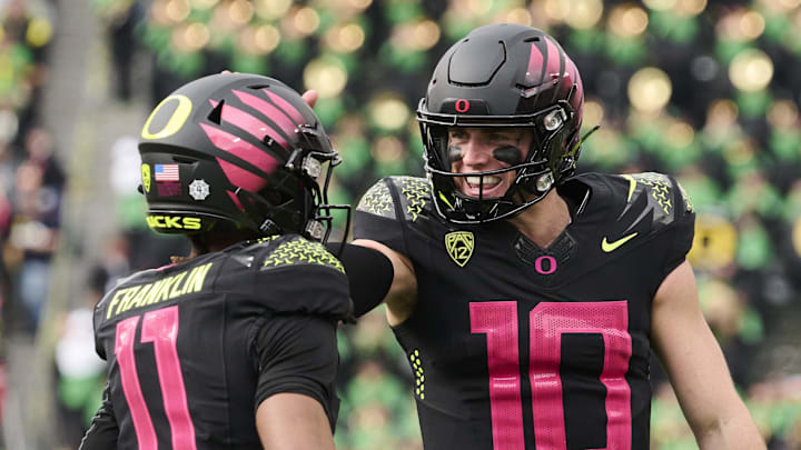 Oct 22, 2022; Eugene, Oregon, USA; Oregon Ducks wide receiver Troy Franklin (11) celebrates with